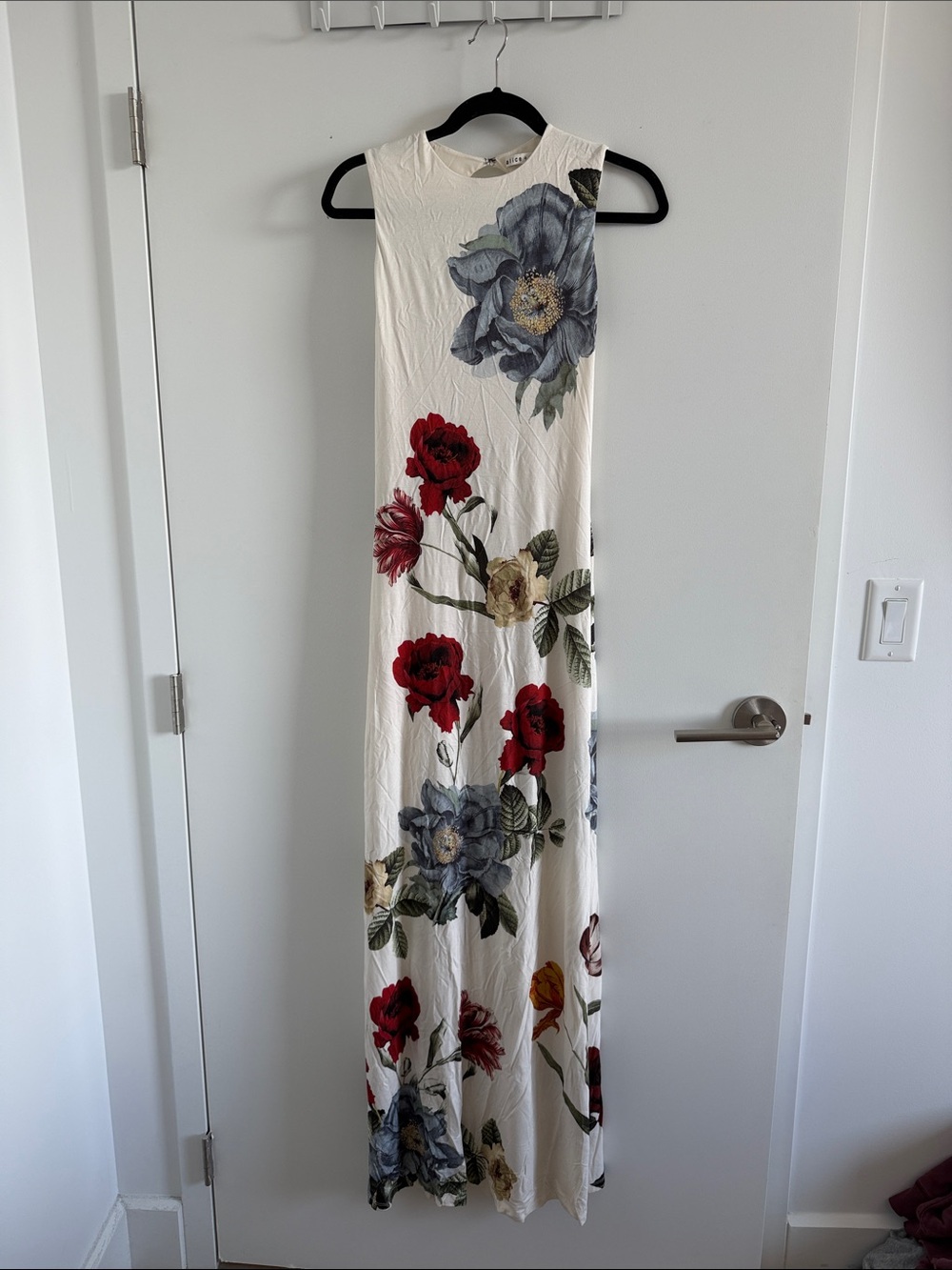 Alice and Olivia Sleeveless Cream Floral Maxi Dress with Red and Blue Blooms